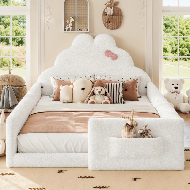 Main image of Full Size Upholstered Floor Bed, Low 001e Ground Floor Bed Soft Padded Upholstered Kids Safe Children Frame