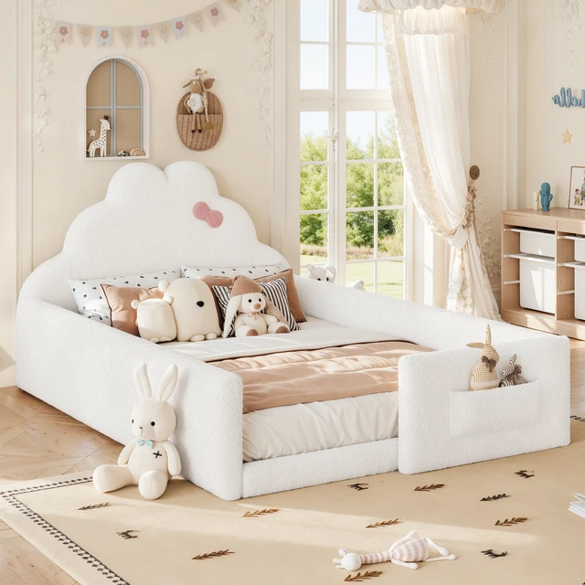 Alt view image 2 of 6 - Full Size Upholstered Floor Bed, Low 001e Ground Floor Bed Soft Padded Upholstered Kids Safe Children Frame