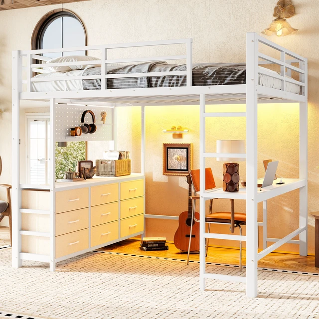 Alt view image 4 of 7 - Full Size Loft Bed with Desk, Loft Bed with Drawers with LED and USB Frame with Mirror Functional High for Teens
