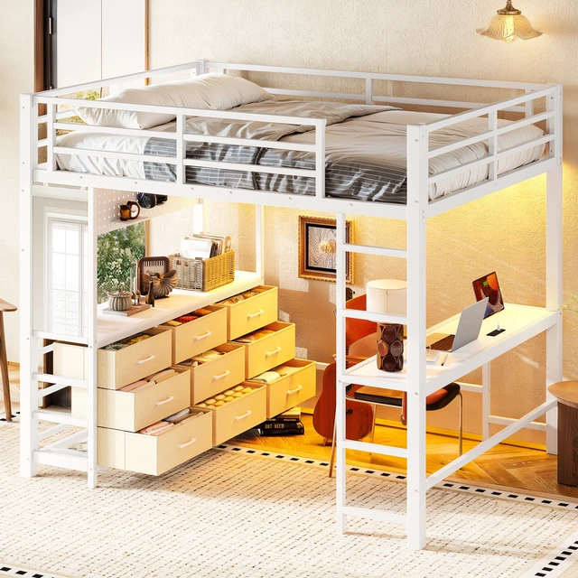 Alt view image 3 of 7 - Full Size Loft Bed with Desk, Loft Bed with Drawers with LED and USB Frame with Mirror Functional High for Teens