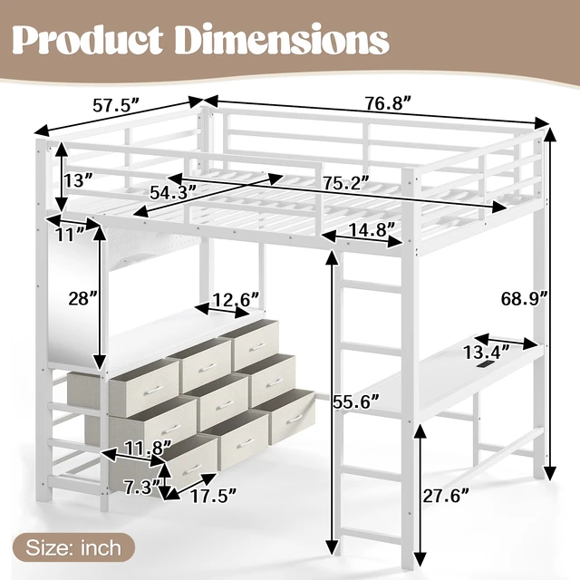 Alt view image 6 of 7 - Full Size Loft Bed with Desk, Loft Bed with Drawers with LED and USB Frame with Mirror Functional High for Teens
