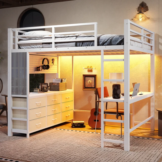 Alt view image 2 of 7 - Full Size Loft Bed with Desk, Loft Bed with Drawers with LED and USB Frame with Mirror Functional High for Teens