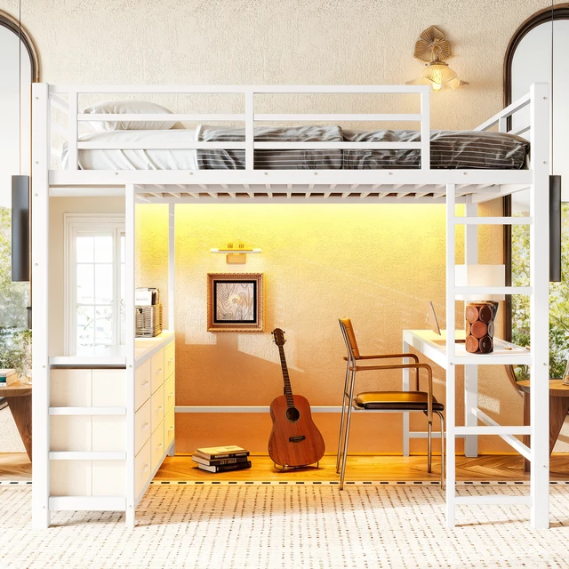 Alt view image 5 of 7 - Full Size Loft Bed with Desk, Loft Bed with Drawers with LED and USB Frame with Mirror Functional High for Teens
