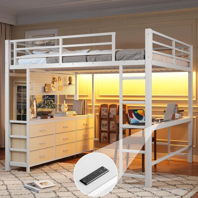 Main image of Queen Size Loft Bed with Desk, Loft Bed with Drawers with LED and USB Frame with Mirror Functional High for Teens