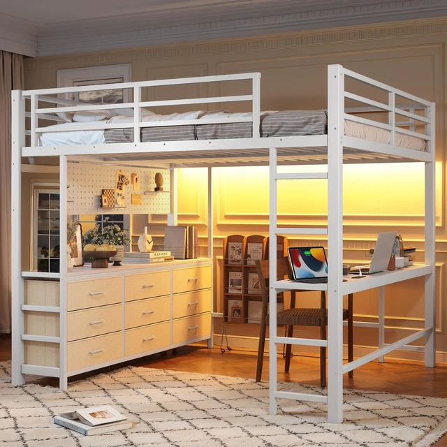 Alt view image 2 of 7 - Queen Size Loft Bed with Desk, Loft Bed with Drawers with LED and USB Frame with Mirror Functional High for Teens