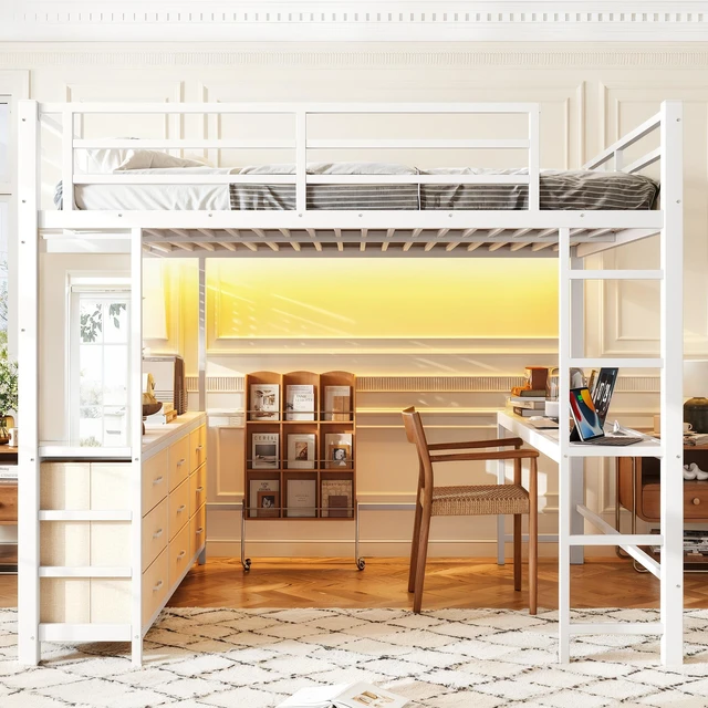 Alt view image 3 of 7 - Queen Size Loft Bed with Desk, Loft Bed with Drawers with LED and USB Frame with Mirror Functional High for Teens