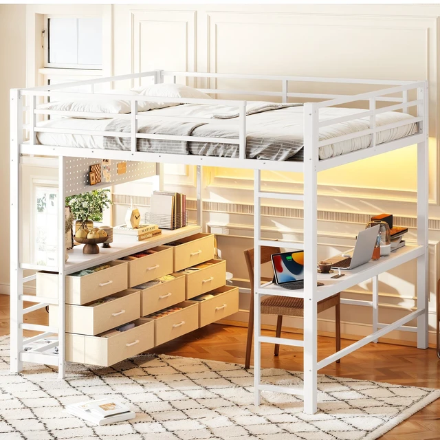 Alt view image 5 of 7 - Queen Size Loft Bed with Desk, Loft Bed with Drawers with LED and USB Frame with Mirror Functional High for Teens