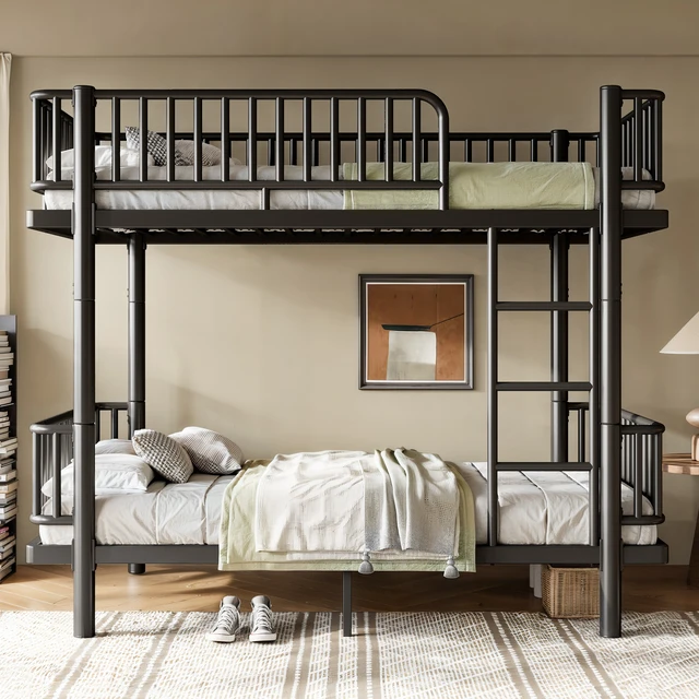 Alt view image 2 of 7 - Twin Over Twin Bunk Bed with Ladders and Guardrails, Metal Bunk Bed Frame with Upgraded Safety Round Pipe Design Can