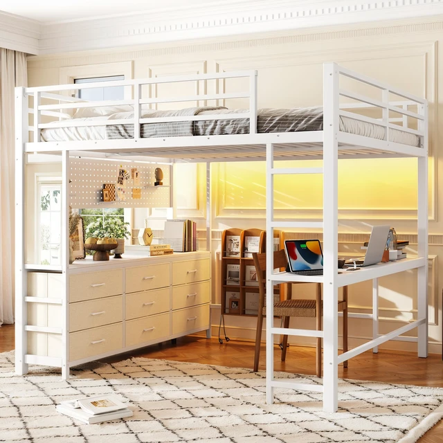 Alt view image 4 of 7 - Queen Size Loft Bed with Desk, Loft Bed with Drawers with LED and USB Frame with Mirror Functional High for Teens