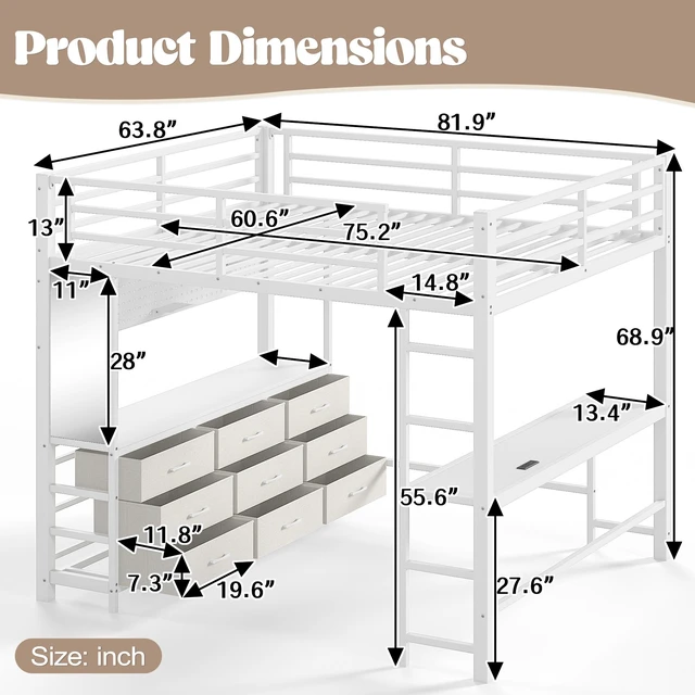 Alt view image 6 of 7 - Queen Size Loft Bed with Desk, Loft Bed with Drawers with LED and USB Frame with Mirror Functional High for Teens