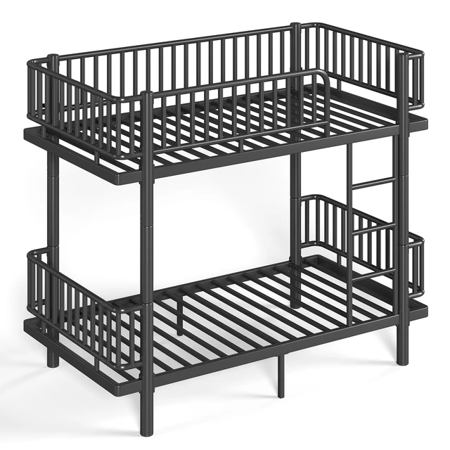 Alt view image 7 of 7 - Twin Over Twin Bunk Bed with Ladders and Guardrails, Metal Bunk Bed Frame with Upgraded Safety Round Pipe Design Can