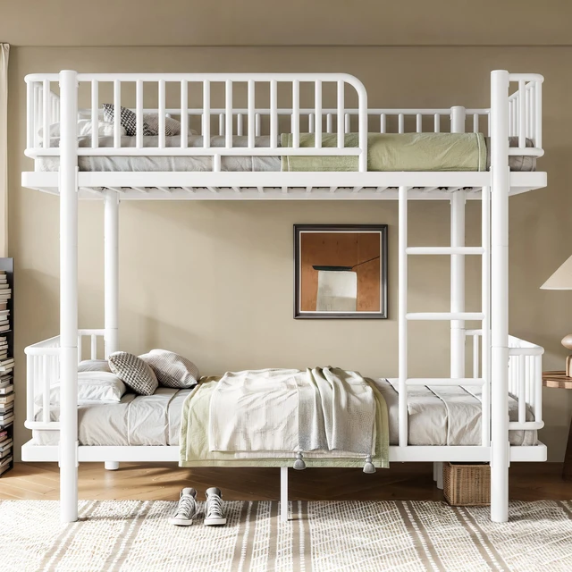 Alt view image 2 of 7 - Twin Over Twin Bunk Bed with Ladders and Guardrails, Metal Bunk Bed Frame with Upgraded Safety Round Pipe Design Can
