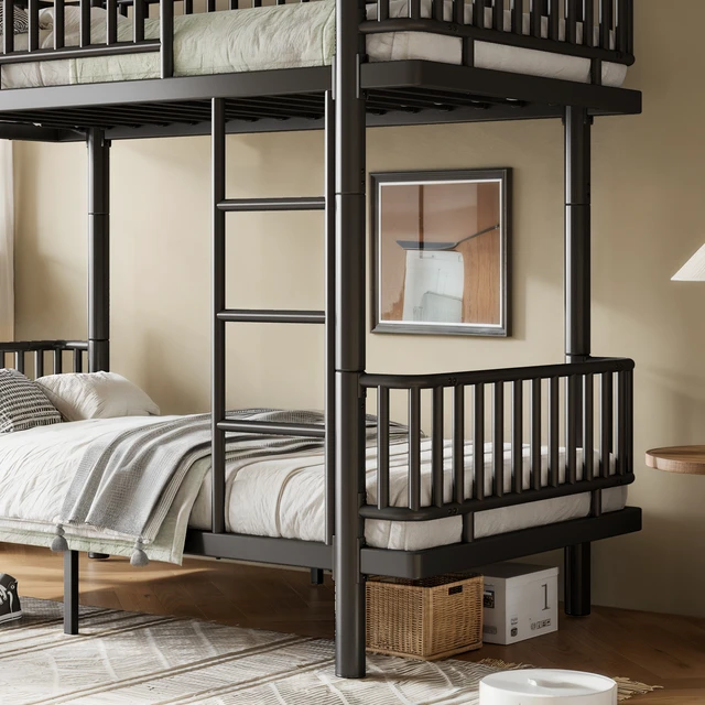 Alt view image 5 of 7 - Twin Over Twin Bunk Bed with Ladders and Guardrails, Metal Bunk Bed Frame with Upgraded Safety Round Pipe Design Can