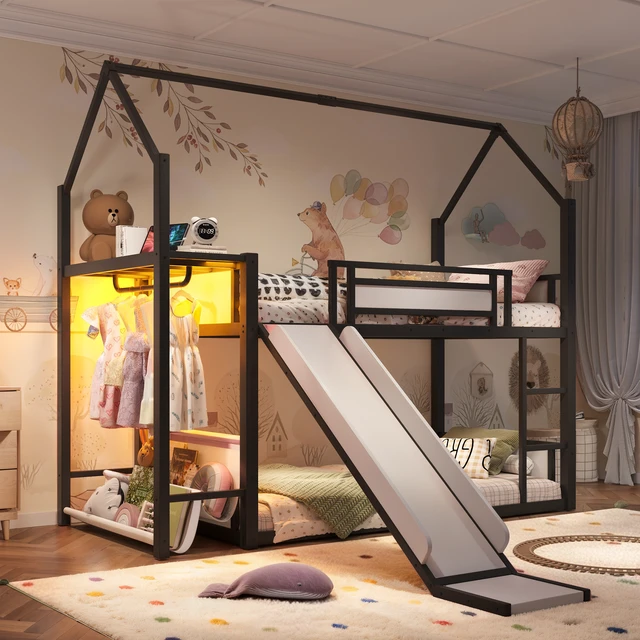 Alt view image 2 of 7 - Twin Over Twin Metal Bunk Bed with Slide, LED Clothing Hanging Area Fabric Storage Shelf and Power Outlet Childlike
