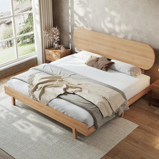 Alt view image 3 of 7 - King Size Bamboo Platform Bed with Round Shape Headboard and Little Footboard, Solid Bamboo Made Bed Frame with Support