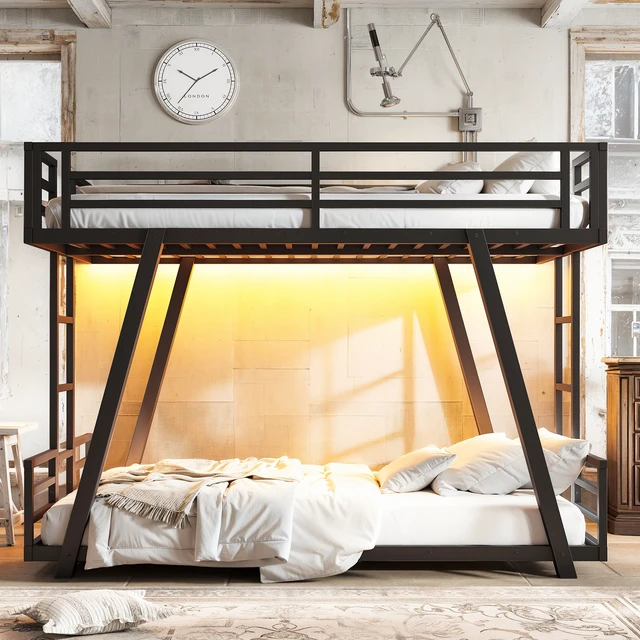 Alt view image 3 of 7 - Twin Over Twin Bunk Bed with Side Ladders, Metal Bunk Bed with Spdcial Support Leg Design and LED Low Profile Black