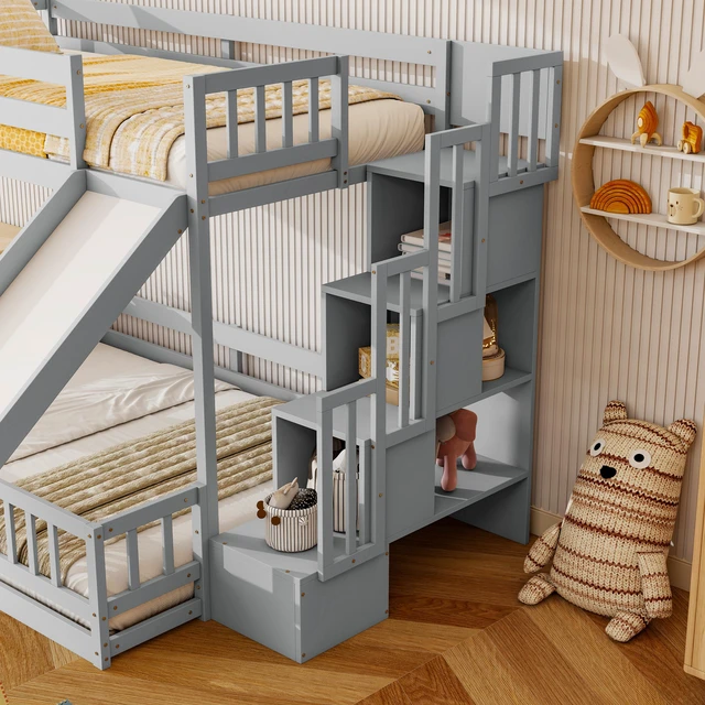 Alt view image 7 of 7 - Twin Over Full Bunk Bed with Slide, Storage Staircase Solid Wooden Bunk Bed with Safety Guardrails Old SKU, Grey, Pine