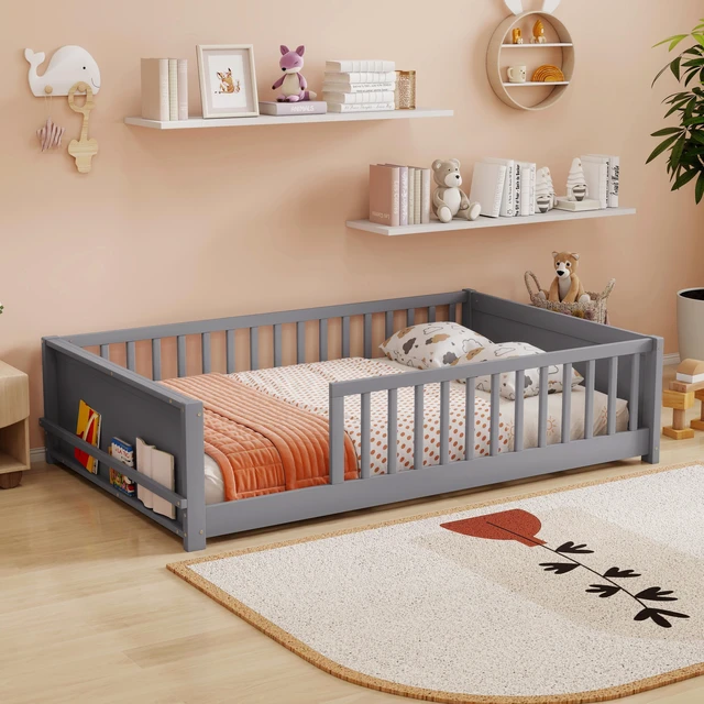 Alt view image 2 of 7 - Full Size Rubber Floor Bed with Guardrails, Built in Book Rack Without Door, Grey, Rubber Wood, Beds Frames Bases