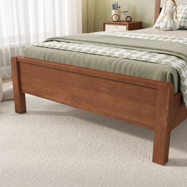 Alt view image 5 of 7 - Twin Size, Solid Rubber Wooden Bed with Upholstered Headboard Reinforced Central Support Legs, Brown, Rubber Wood, Beds