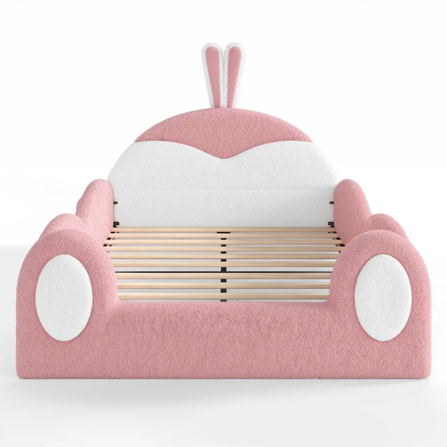 Alt view image 7 of 7 - Full Kids Upholstered Floor Bed Rabbit Headboard Toddler Bed Frame with Side Storage Pockets Low Profile Kids Platform