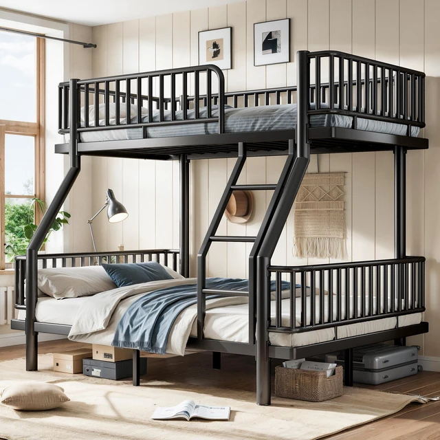 Main image of Twin Over Full Bunk Bed with Ladders and Guardrails, Metal Bunk Bed Frame with Upgraded Safety Round Pipe Design