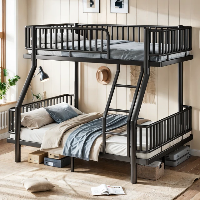 Alt view image 2 of 7 - Twin Over Full Bunk Bed with Ladders and Guardrails, Metal Bunk Bed Frame with Upgraded Safety Round Pipe Design