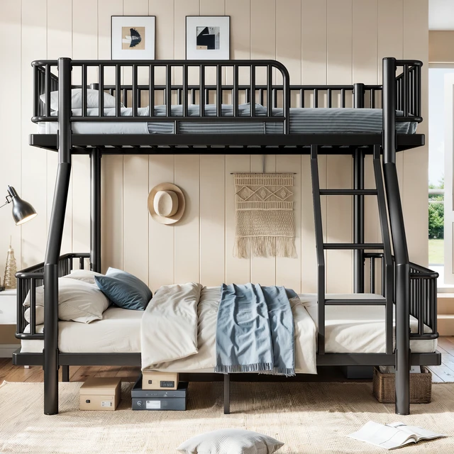Alt view image 3 of 7 - Twin Over Full Bunk Bed with Ladders and Guardrails, Metal Bunk Bed Frame with Upgraded Safety Round Pipe Design