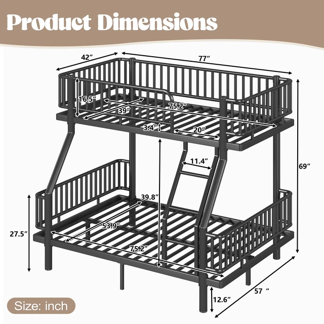 Alt view image 4 of 7 - Twin Over Full Bunk Bed with Ladders and Guardrails, Metal Bunk Bed Frame with Upgraded Safety Round Pipe Design