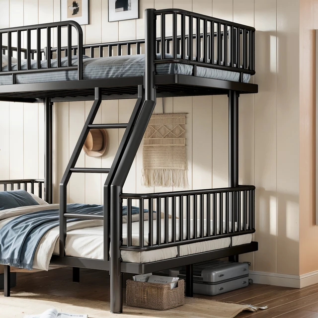 Alt view image 5 of 7 - Twin Over Full Bunk Bed with Ladders and Guardrails, Metal Bunk Bed Frame with Upgraded Safety Round Pipe Design