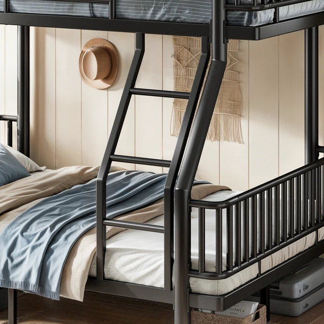 Alt view image 6 of 7 - Twin Over Full Bunk Bed with Ladders and Guardrails, Metal Bunk Bed Frame with Upgraded Safety Round Pipe Design