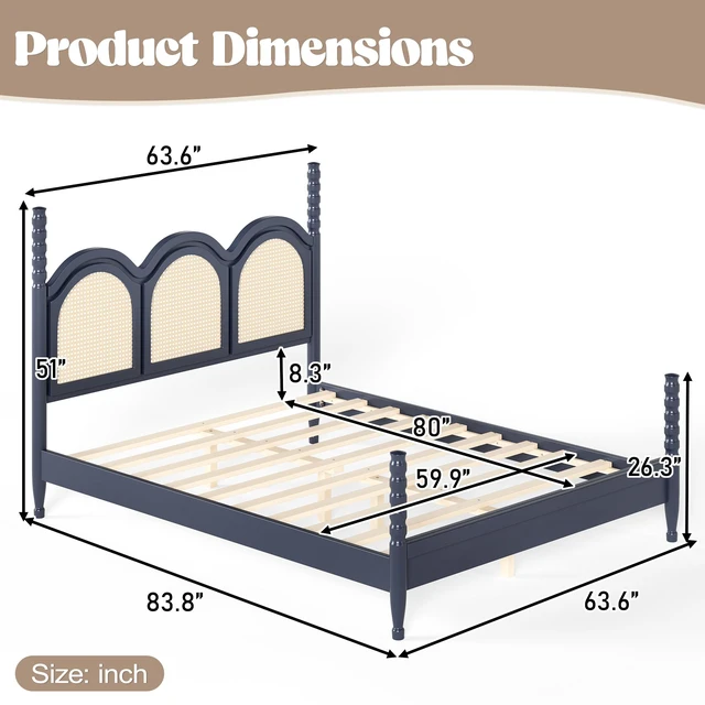Alt view image 4 of 7 - Queen Size Platform Bed with Arched Woven Headboard, Four Poster Wooden Bed Frame Curved Headboard Frame, Blue, MDF