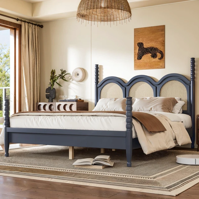 Alt view image 2 of 7 - Queen Size Platform Bed with Arched Woven Headboard, Four Poster Wooden Bed Frame Curved Headboard Frame, Blue, MDF