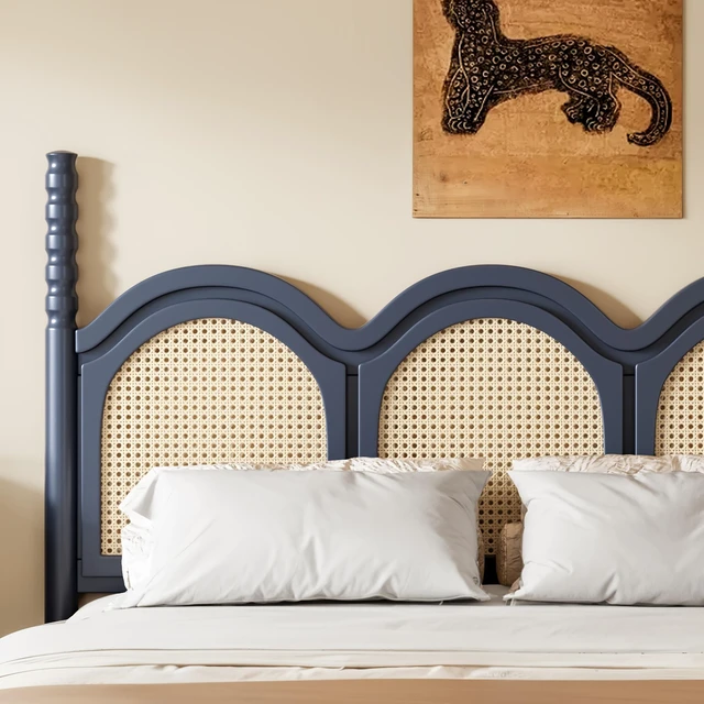 Alt view image 5 of 7 - Queen Size Platform Bed with Arched Woven Headboard, Four Poster Wooden Bed Frame Curved Headboard Frame, Blue, MDF