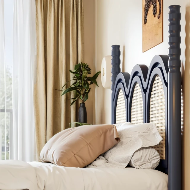 Alt view image 6 of 7 - Queen Size Platform Bed with Arched Woven Headboard, Four Poster Wooden Bed Frame Curved Headboard Frame, Blue, MDF
