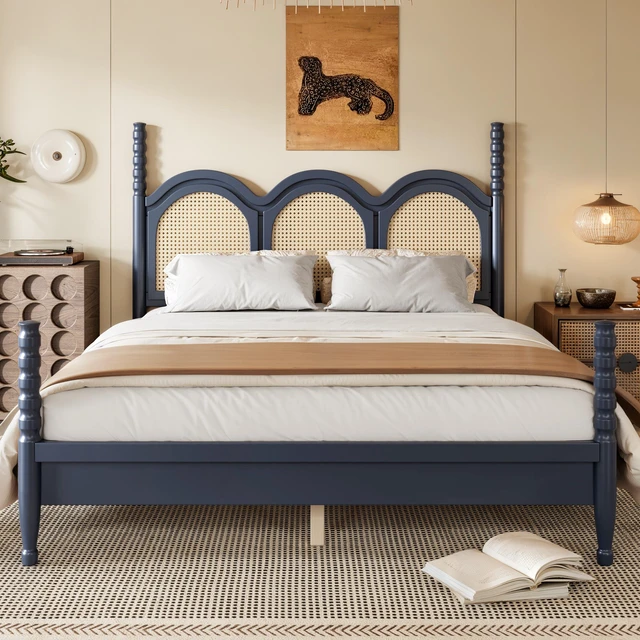 Main image of Queen Size Platform Bed with Arched Woven Headboard, Four Poster Wooden Bed Frame Curved Headboard Frame, Blue, MDF