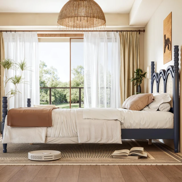 Alt view image 3 of 7 - Queen Size Platform Bed with Arched Woven Headboard, Four Poster Wooden Bed Frame Curved Headboard Frame, Blue, MDF