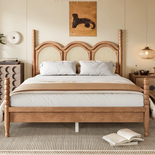 Main image of Queen Size Platform Bed with Arched Woven Headboard, Four Poster Wooden Bed Frame Curved Headboard Frame, Natural, MDF