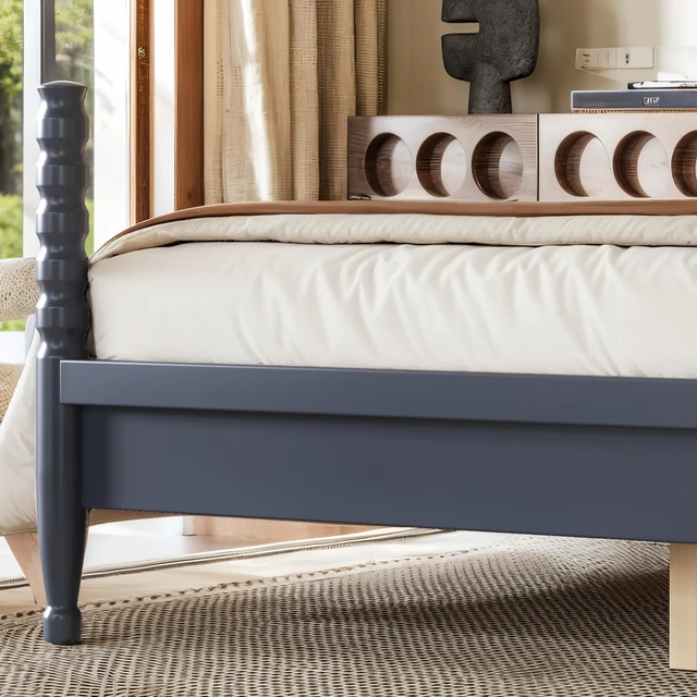 Alt view image 7 of 7 - Queen Size Platform Bed with Arched Woven Headboard, Four Poster Wooden Bed Frame Curved Headboard Frame, Blue, MDF