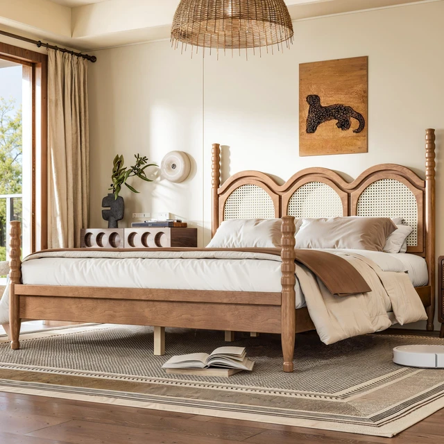 Alt view image 3 of 7 - Queen Size Platform Bed with Arched Woven Headboard, Four Poster Wooden Bed Frame Curved Headboard Frame, Natural, MDF