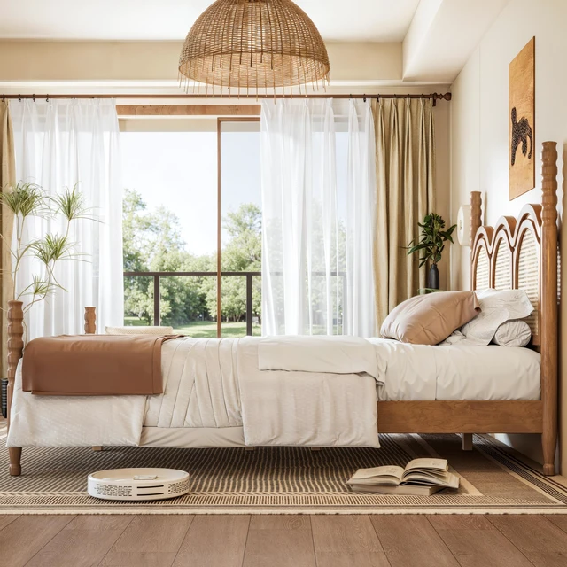 Alt view image 2 of 7 - Queen Size Platform Bed with Arched Woven Headboard, Four Poster Wooden Bed Frame Curved Headboard Frame, Natural, MDF