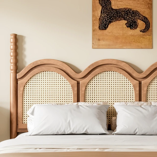 Alt view image 6 of 7 - Queen Size Platform Bed with Arched Woven Headboard, Four Poster Wooden Bed Frame Curved Headboard Frame, Natural, MDF