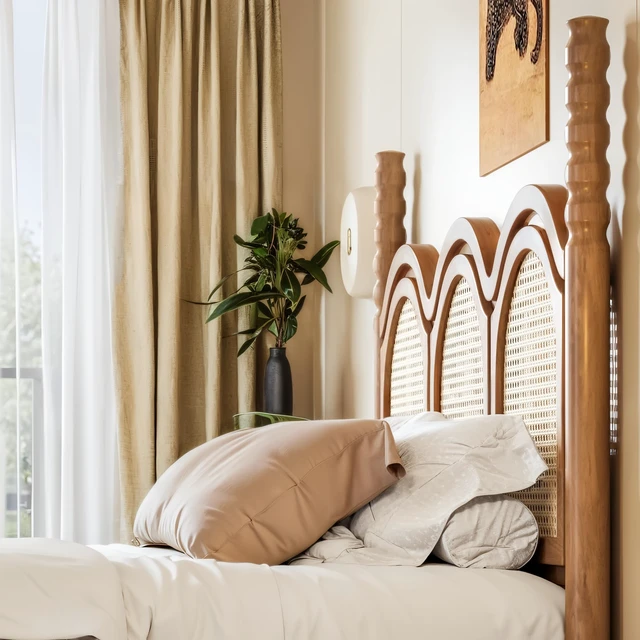 Alt view image 5 of 7 - Queen Size Platform Bed with Arched Woven Headboard, Four Poster Wooden Bed Frame Curved Headboard Frame, Natural, MDF