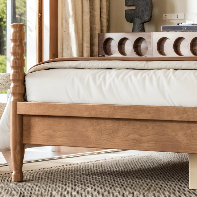 Alt view image 7 of 7 - Queen Size Platform Bed with Arched Woven Headboard, Four Poster Wooden Bed Frame Curved Headboard Frame, Natural, MDF