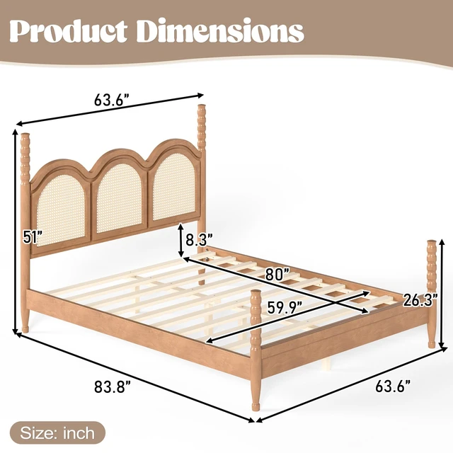 Alt view image 4 of 7 - Queen Size Platform Bed with Arched Woven Headboard, Four Poster Wooden Bed Frame Curved Headboard Frame, Natural, MDF