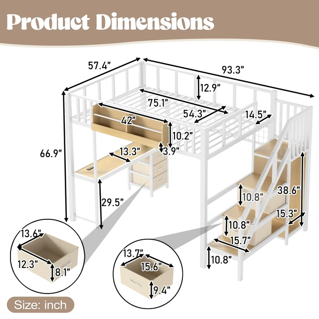 Alt view image 5 of 7 - Full Size Loft Bed with Desk, Heavy Duty Save Space Loft Bed with Drawers and Storage Stair All In-One Metal Frame