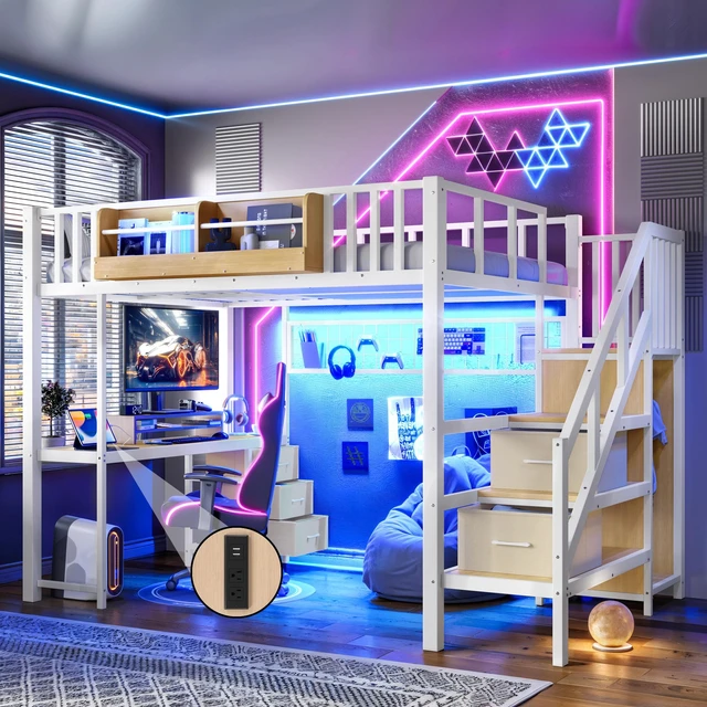 Main image of Full Size Loft Bed with Desk, Heavy Duty Save Space Loft Bed with Drawers and Storage Stair All In-One Metal Frame