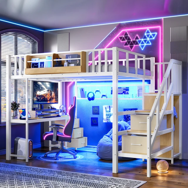 Alt view image 2 of 7 - Full Size Loft Bed with Desk, Heavy Duty Save Space Loft Bed with Drawers and Storage Stair All In-One Metal Frame