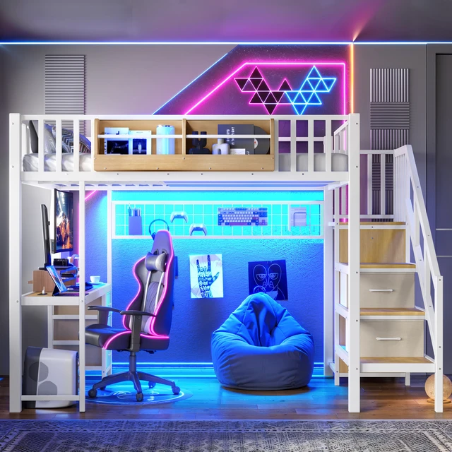 Alt view image 3 of 7 - Full Size Loft Bed with Desk, Heavy Duty Save Space Loft Bed with Drawers and Storage Stair All In-One Metal Frame