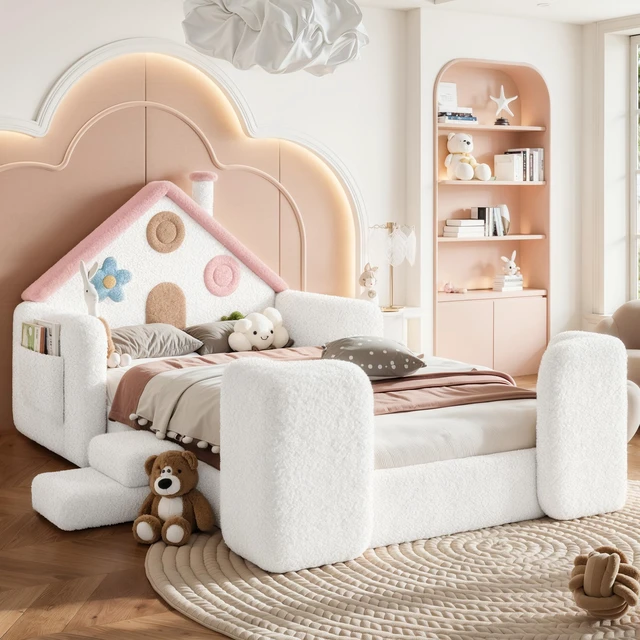 Main image of Twin Shaped Upholstered Floor Bed, Upholstered Kids Bed with Safety Side Rails Solid Children Frame Low Floor Playhouse