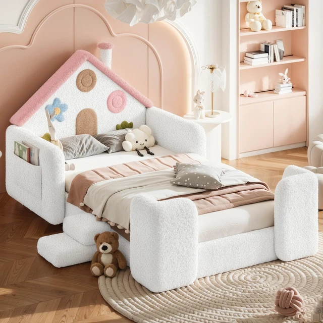 Alt view image 3 of 7 - Twin Shaped Upholstered Floor Bed, Upholstered Kids Bed with Safety Side Rails Solid Children Frame Low Floor Playhouse